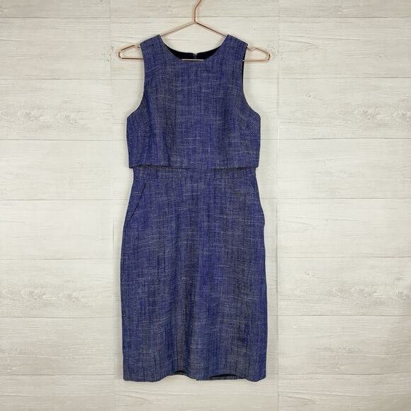 J.Crew Blue Linen Blend Sheath Dress Size 2 Sleeveless Lined Herringbone Office - Picture 15 of 15